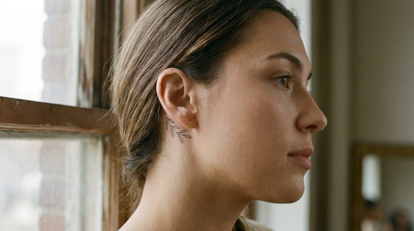 Small fine line leafy vine tattoo behind a woman's ear