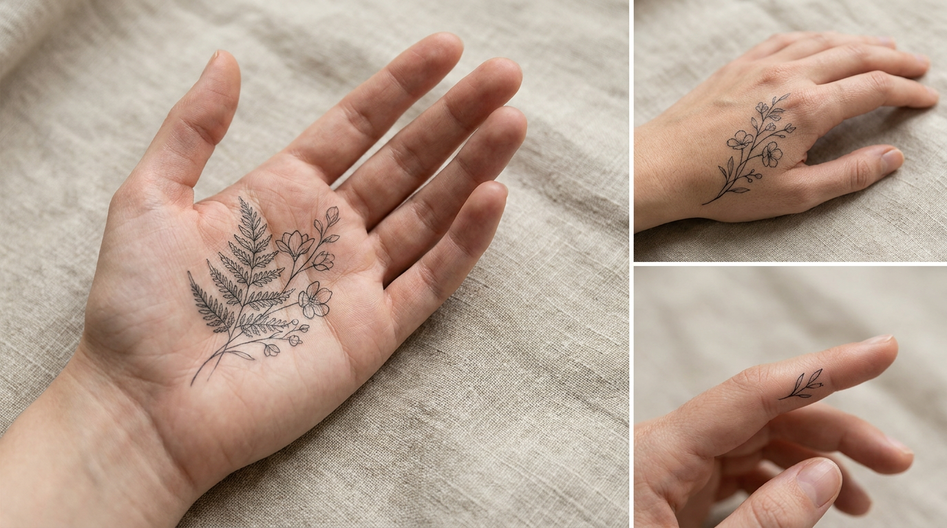 Elegant fine line botanical tattoo on the open palm of a person's hand