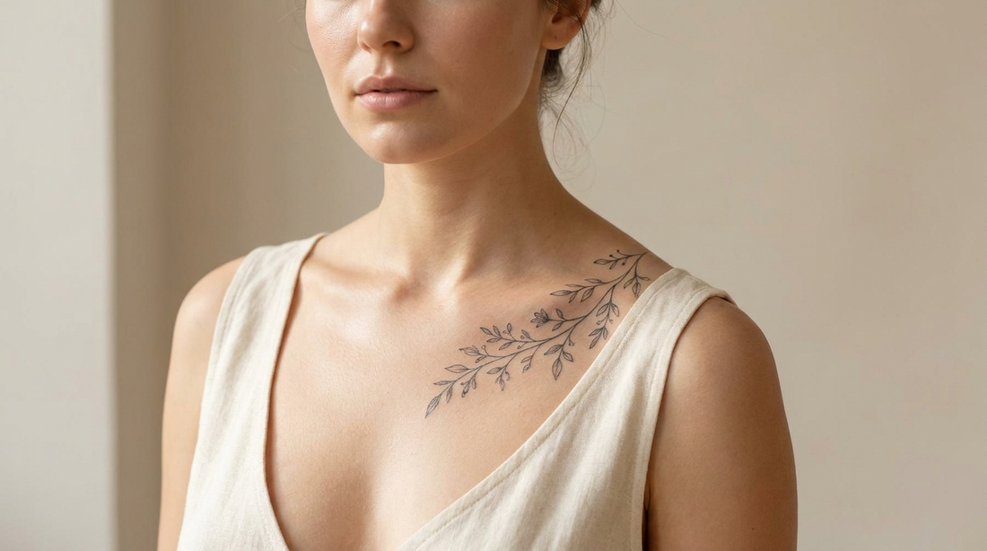 Delicate fine line botanical tattoo across a woman's chest and collarbone