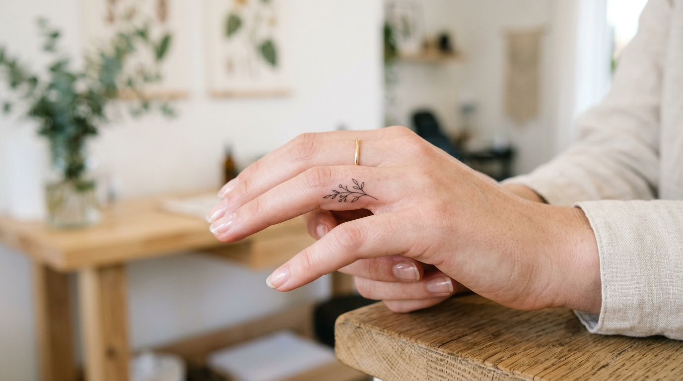 Delicate fine line botanical tattoo on the side of a person's finger