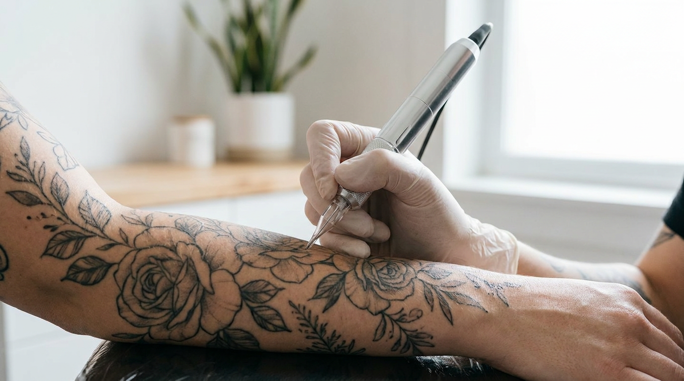 Tattoo artist refreshing a healed black and grey floral tattoo on a person's forearm