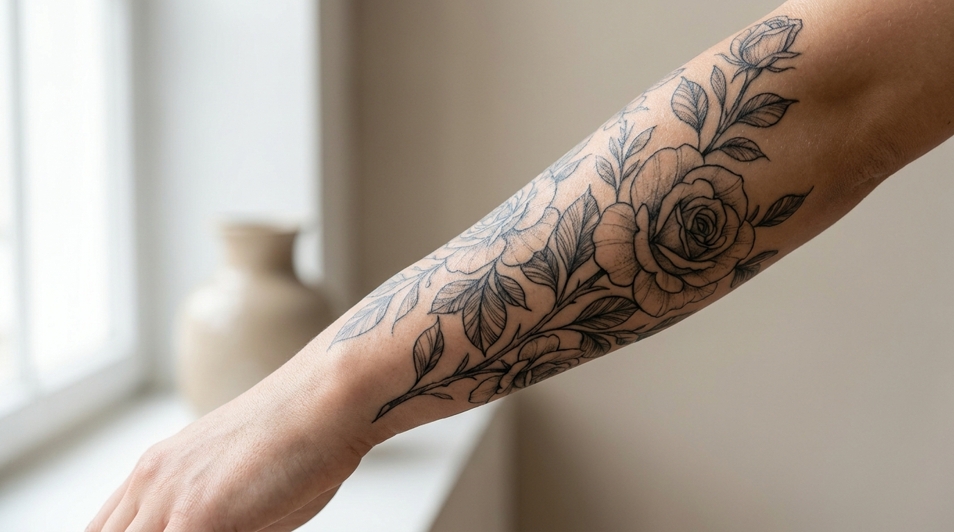 Detailed black and grey floral cover up tattoo on a person's forearm