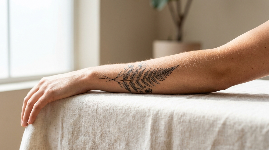 Fine line botanical tattoo on a person's forearm resting on a linen surface