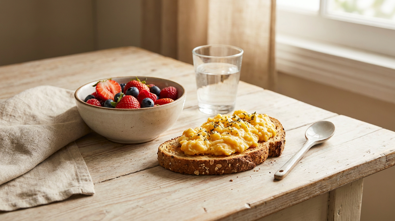 A balanced breakfast of eggs on wholegrain toast, fresh berries and a glass of water before a tattoo session