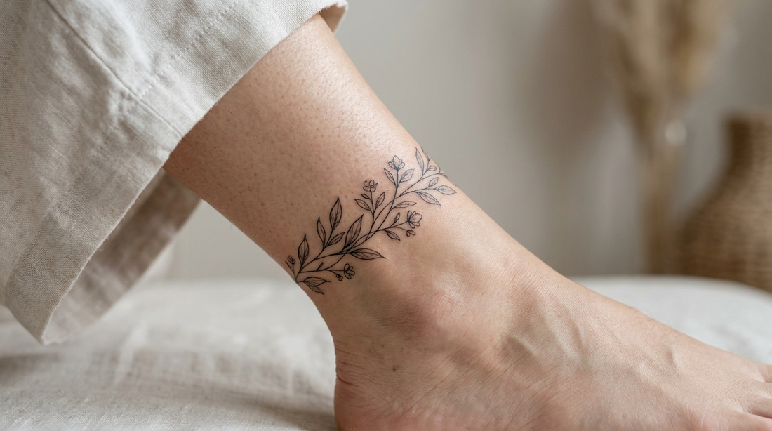 Delicate fine line floral tattoo wrapping around a person's ankle and foot