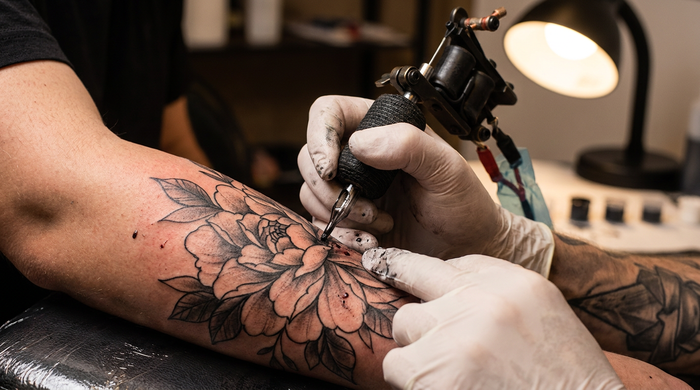 Tattoo artist doing detailed black and grey shading on a floral tattoo during a second session