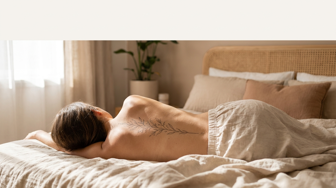 Fine line ornamental tattoo running down the centre of a person's spine as they lie face down in a bright, calm room