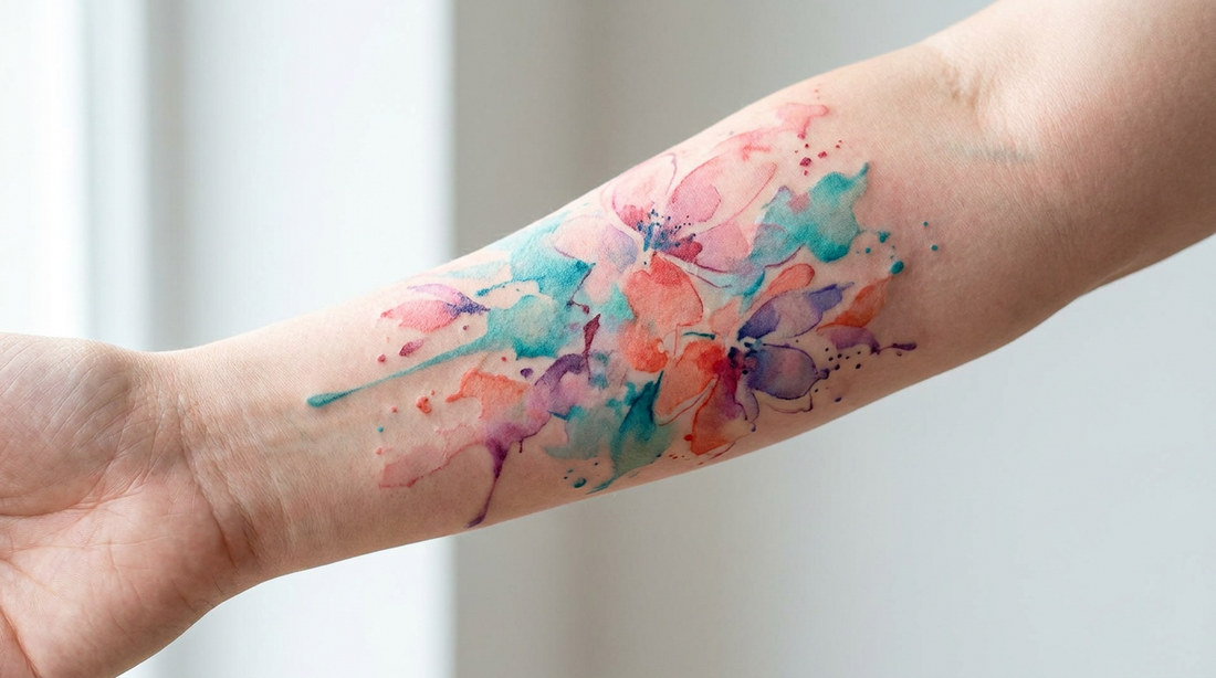 Colourful watercolour style floral tattoo on a woman's forearm