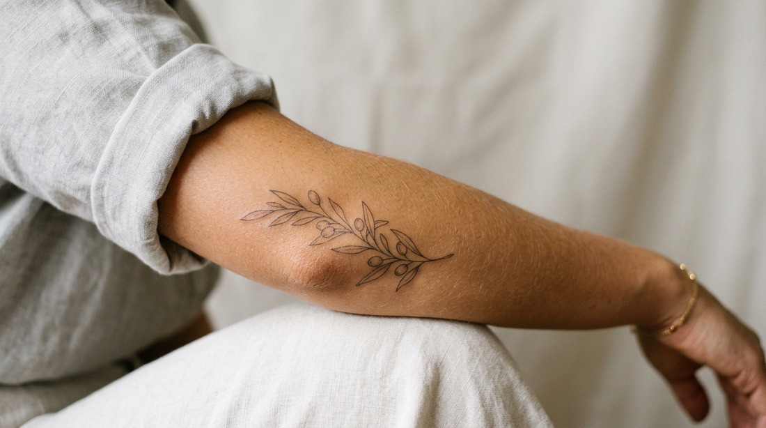 Fine line botanical tattoo on a person's outer elbow and forearm