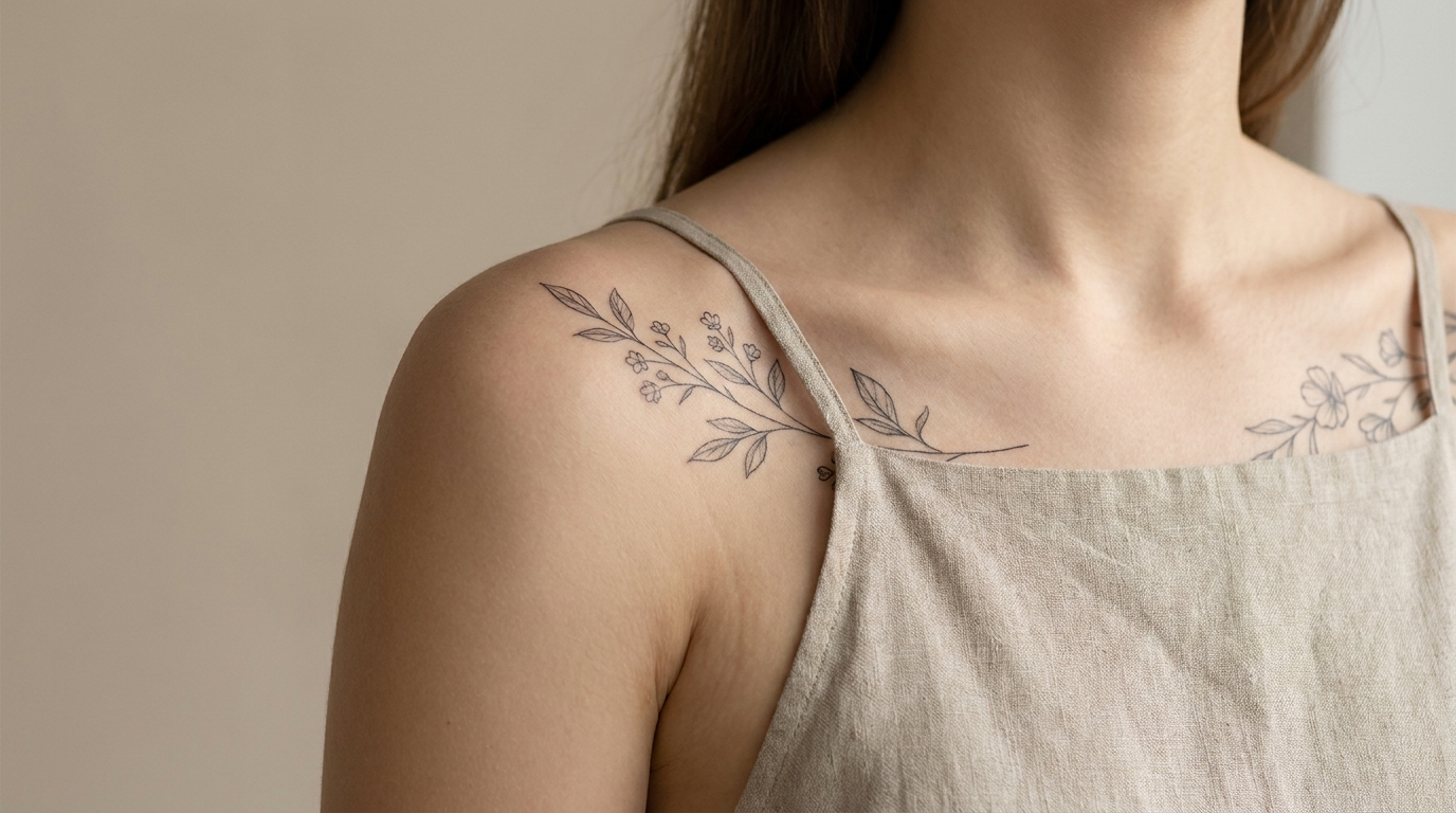 Delicate fine line botanical tattoo running across a woman's shoulder and upper back