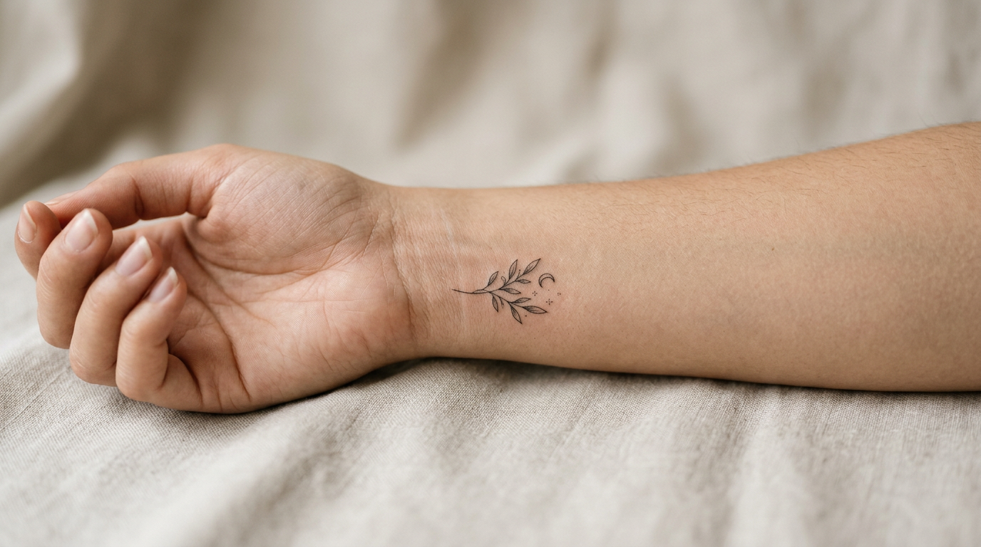Small fine line botanical tattoo on a person's inner wrist