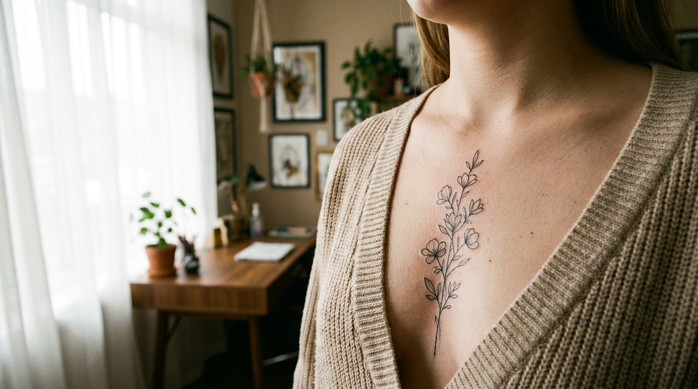 Fine line floral sternum tattoo on the centre of a person's chest