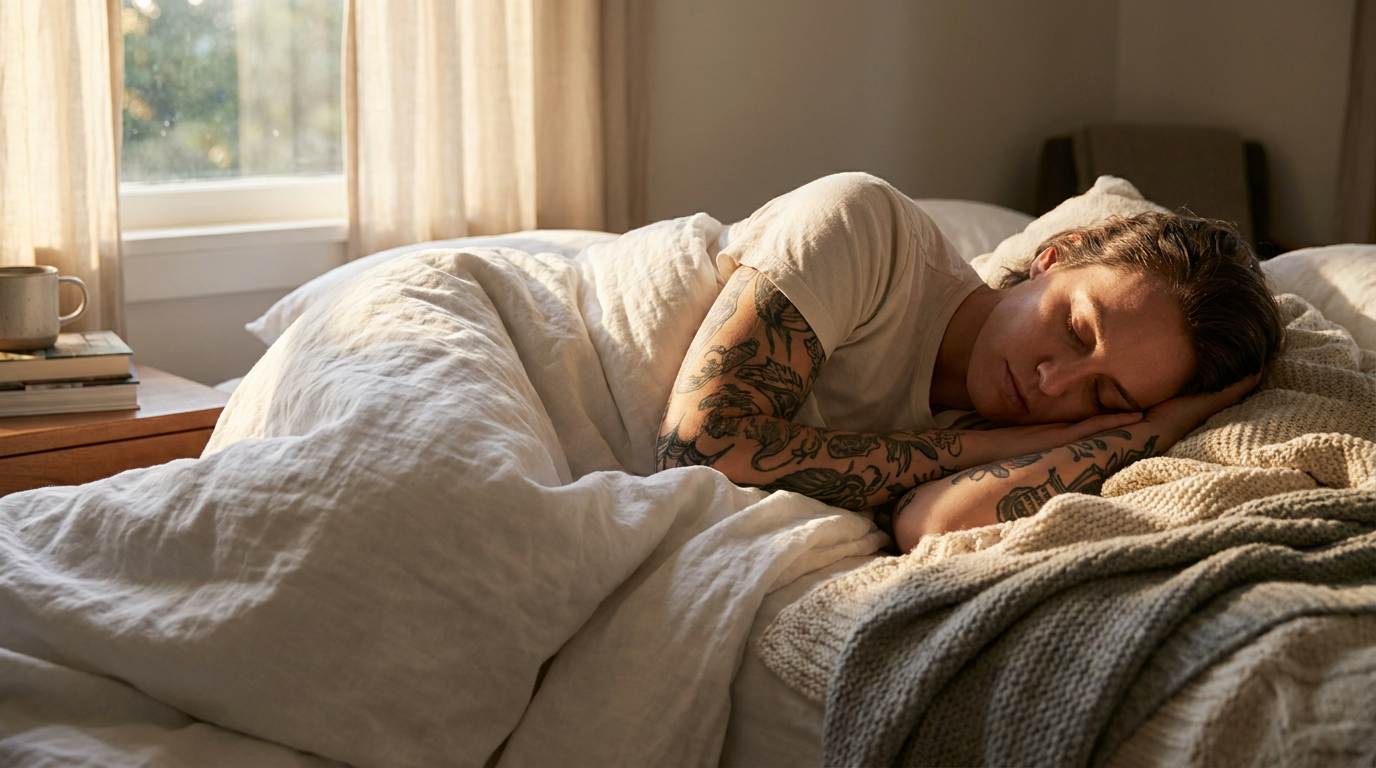 A person with tattooed arms sleeping peacefully in soft morning light before a tattoo session