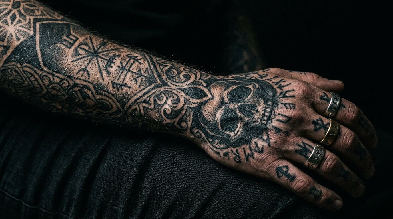 Close-up of tattooed skin with intricate black ink designs