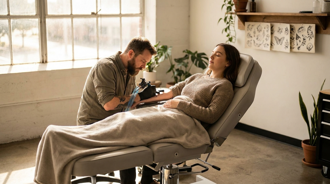 Woman relaxing comfortably in a tattoo studio chair while an artist works on her forearm in soft natural light