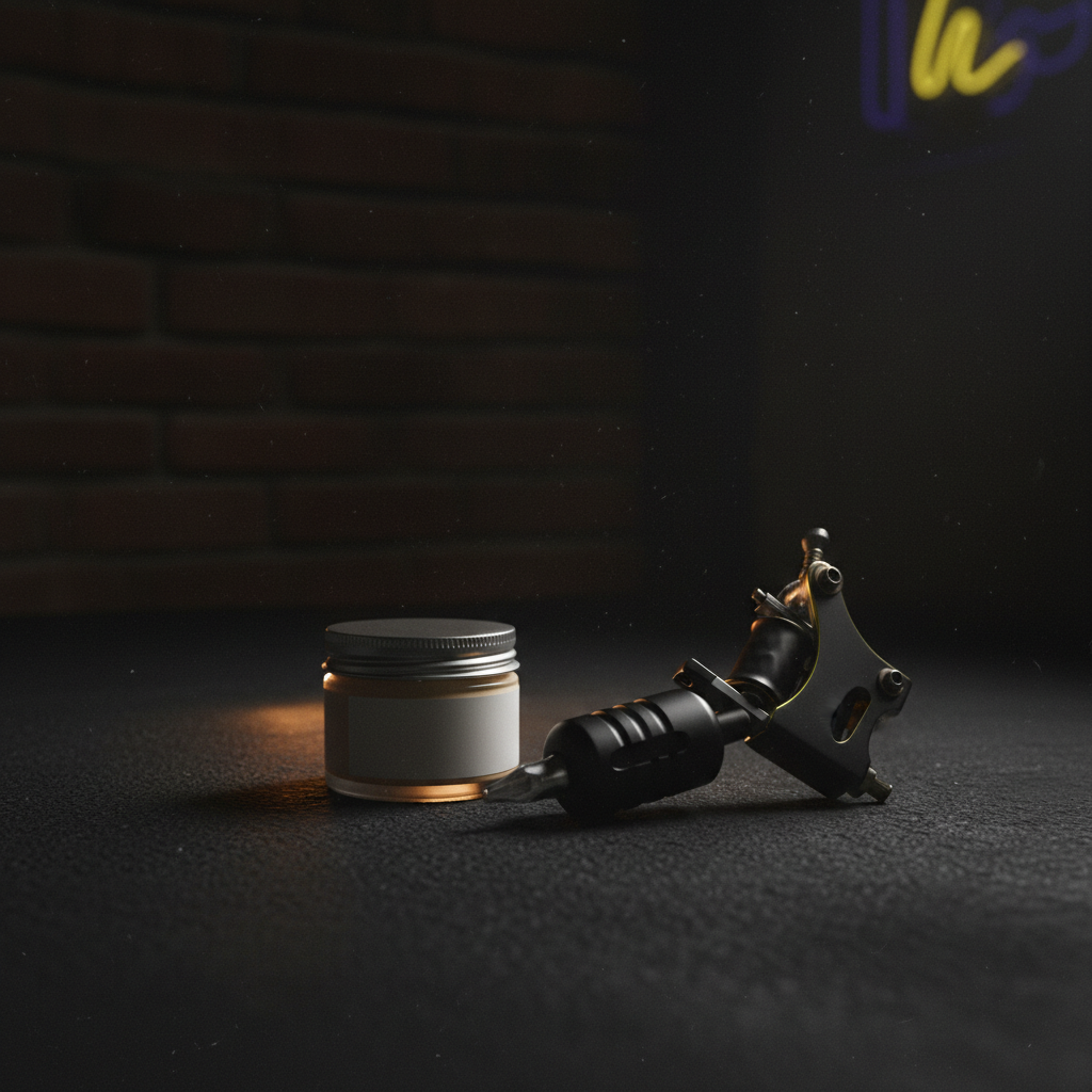 Tattoo numbing cream product with professional studio equipment on dark surface — Tattoo Numbing Cream Co.