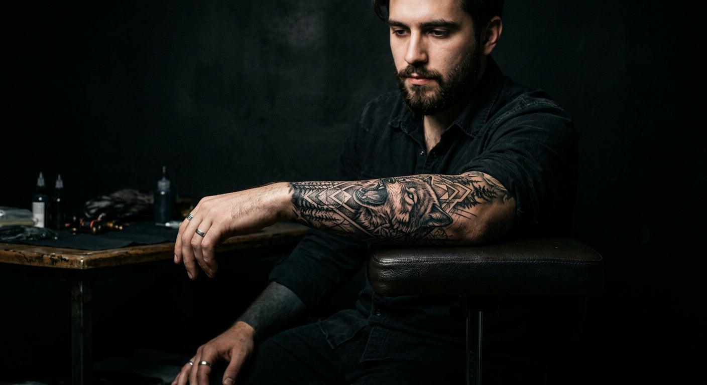 Tattooed arm in moody dark studio lighting — best time of year to get a tattoo guide