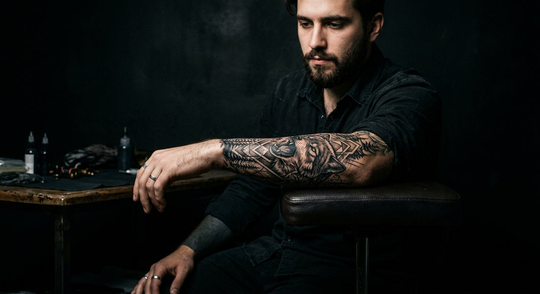 Tattooed arm in moody dark studio lighting — best time of year to get a tattoo guide