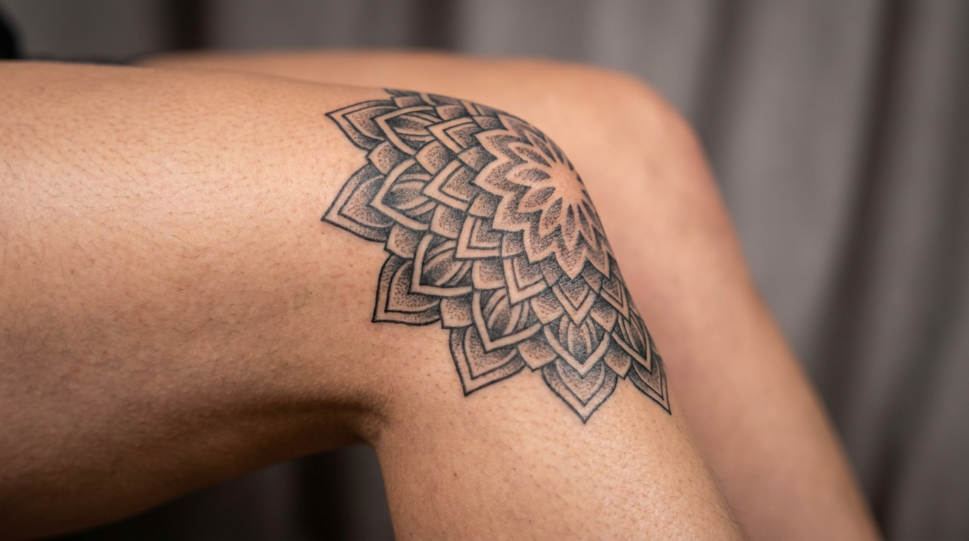 Detailed black and grey mandala tattoo on a person's knee