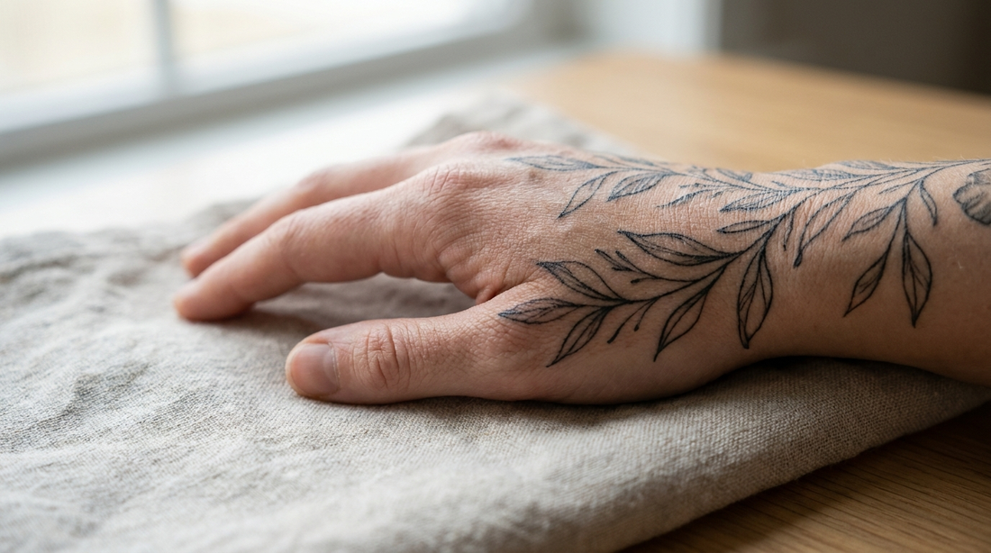 Elegant fine line botanical tattoo across the back of a person's hand