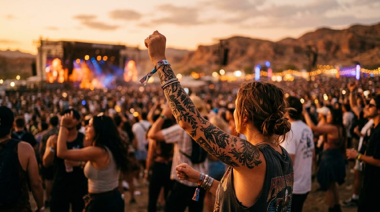 Tattooed woman with arm raised at music festival during sunset - Coachella tattoo culture