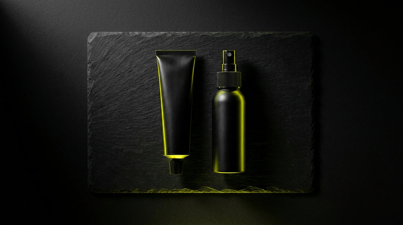 Tattoo numbing cream tube and spray bottle side by side on dark surface