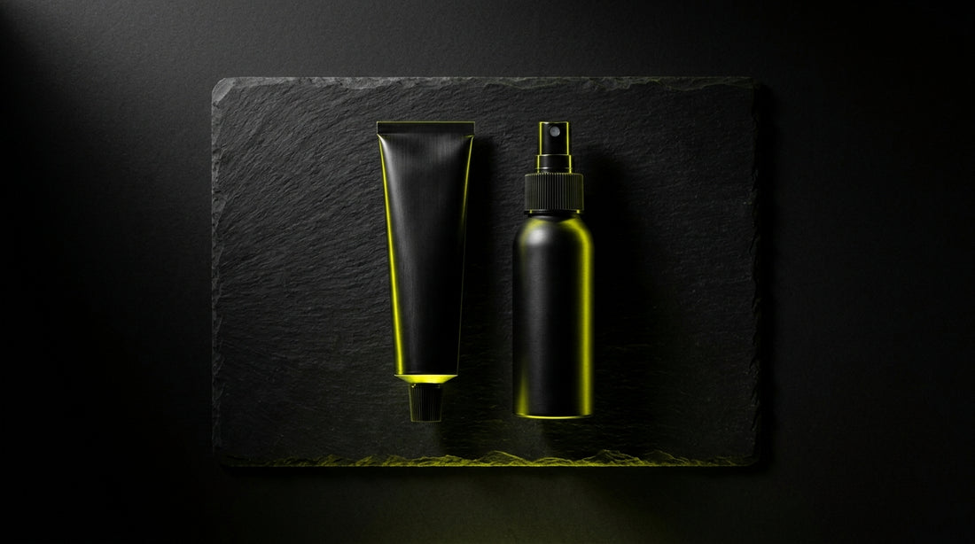 Tattoo numbing cream tube and spray bottle side by side on dark surface