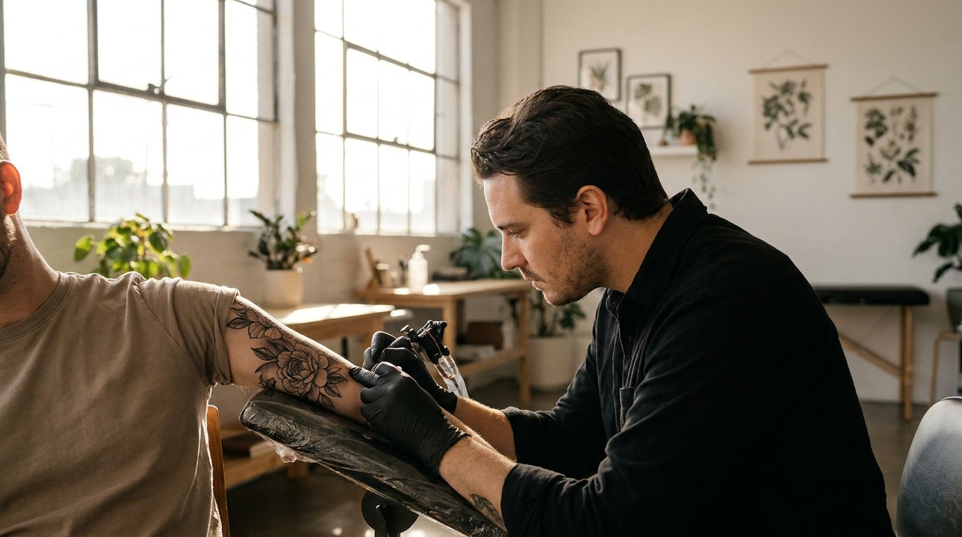 Fine line floral tattoo being applied to a person's forearm in a bright studio