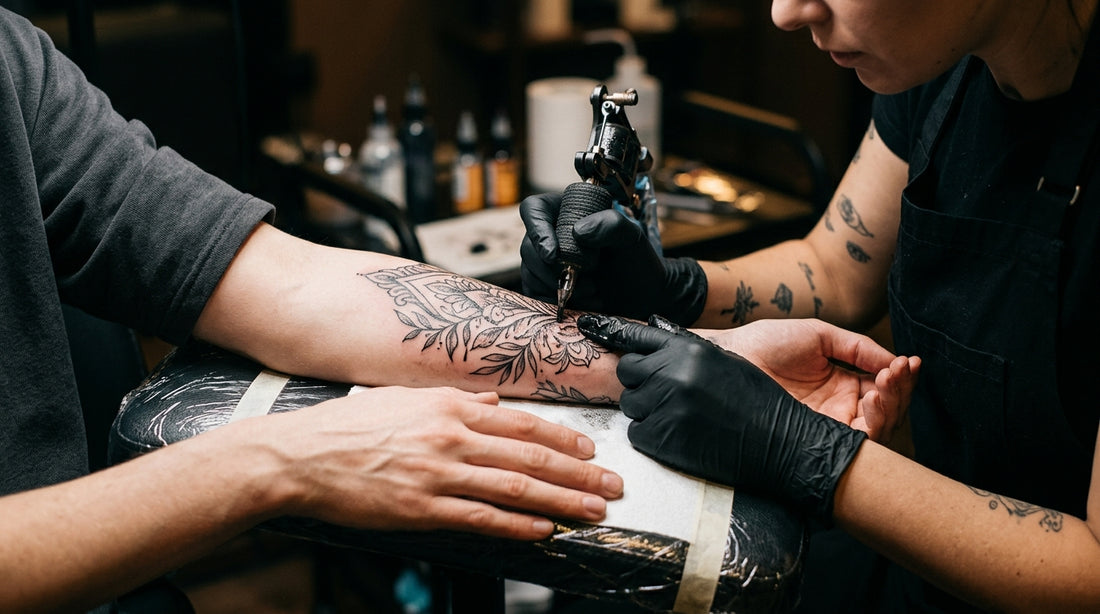 Close-up of relaxed client during tattoo session with numbing cream