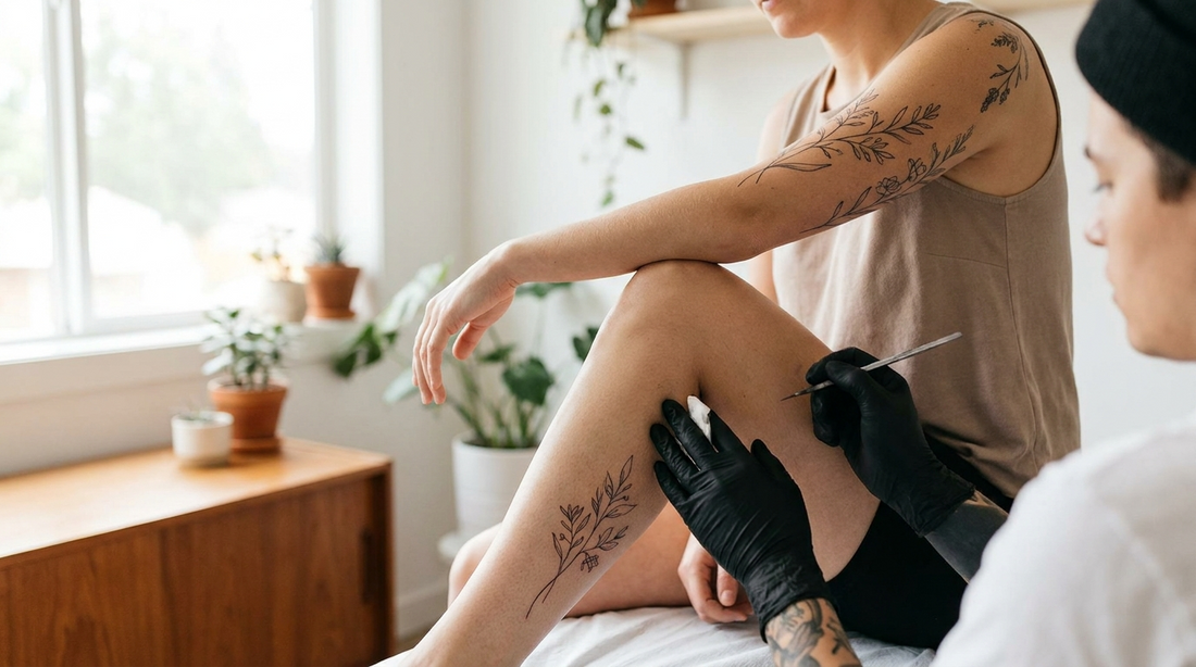 Fine line botanical tattoo being applied to a person's lower leg and calf in a bright studio