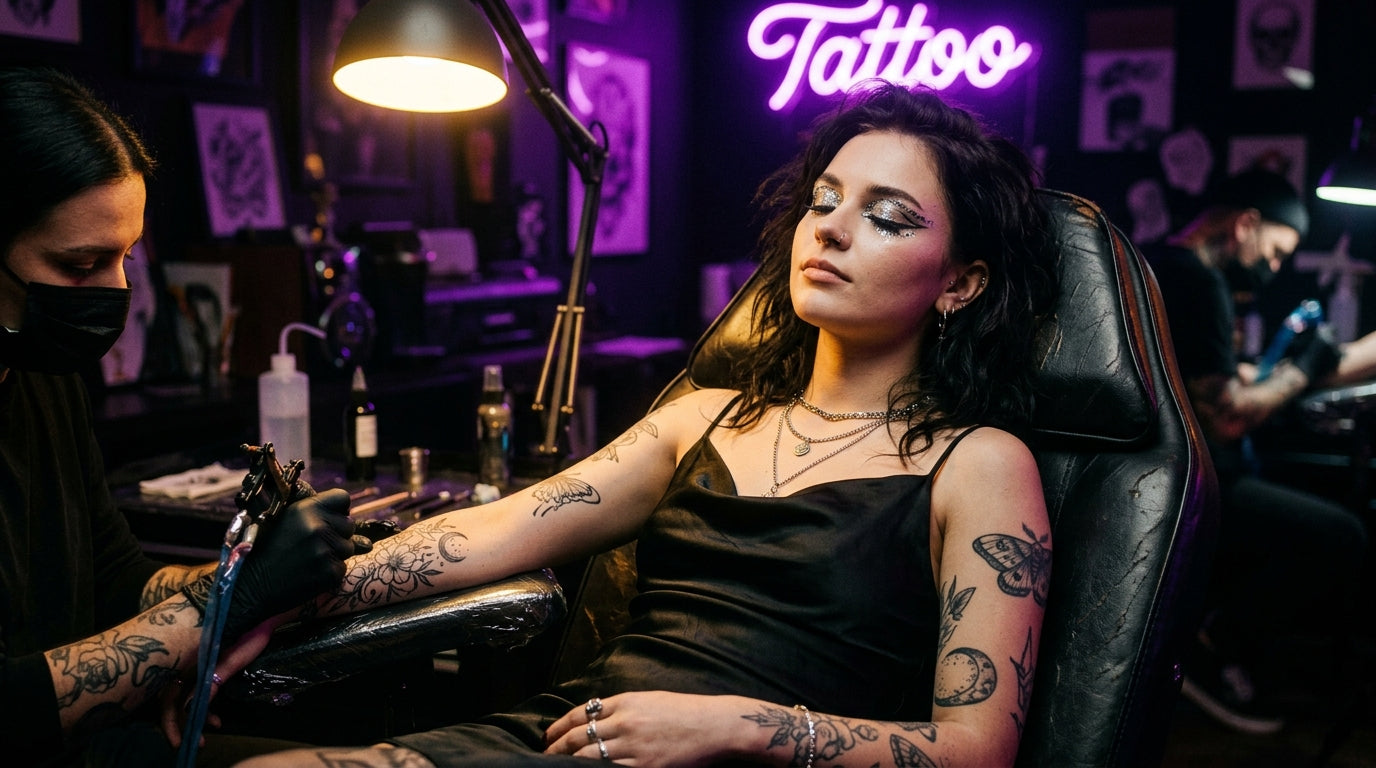 Euphoria-inspired editorial tattoo photography with neon lighting
