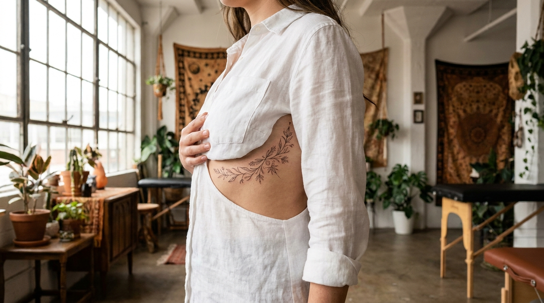 Fine line ornamental tattoo running along a person's ribs in a bright, calm studio
