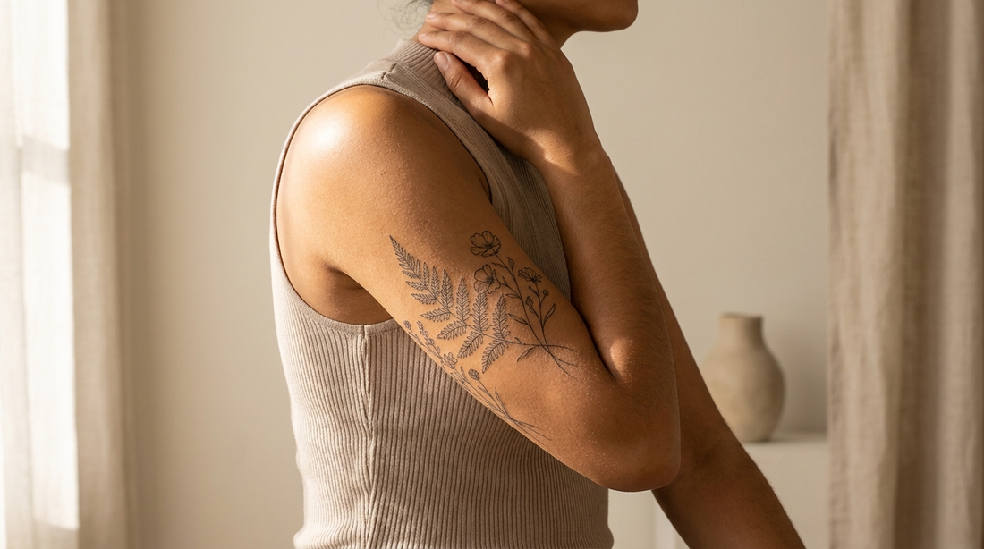 Fine line botanical tattoo across a person's bare outer bicep and upper arm in soft natural light