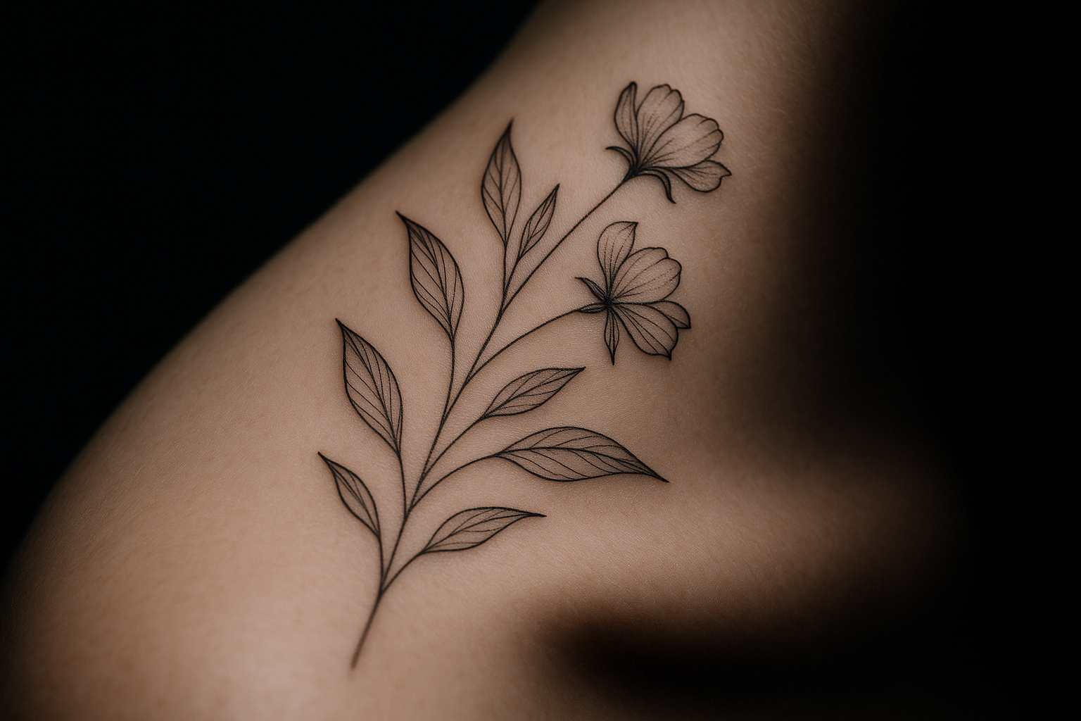 Delicate fine line botanical tattoo — fine line tattoo aftercare guide by Tattoo Numbing Cream Co.