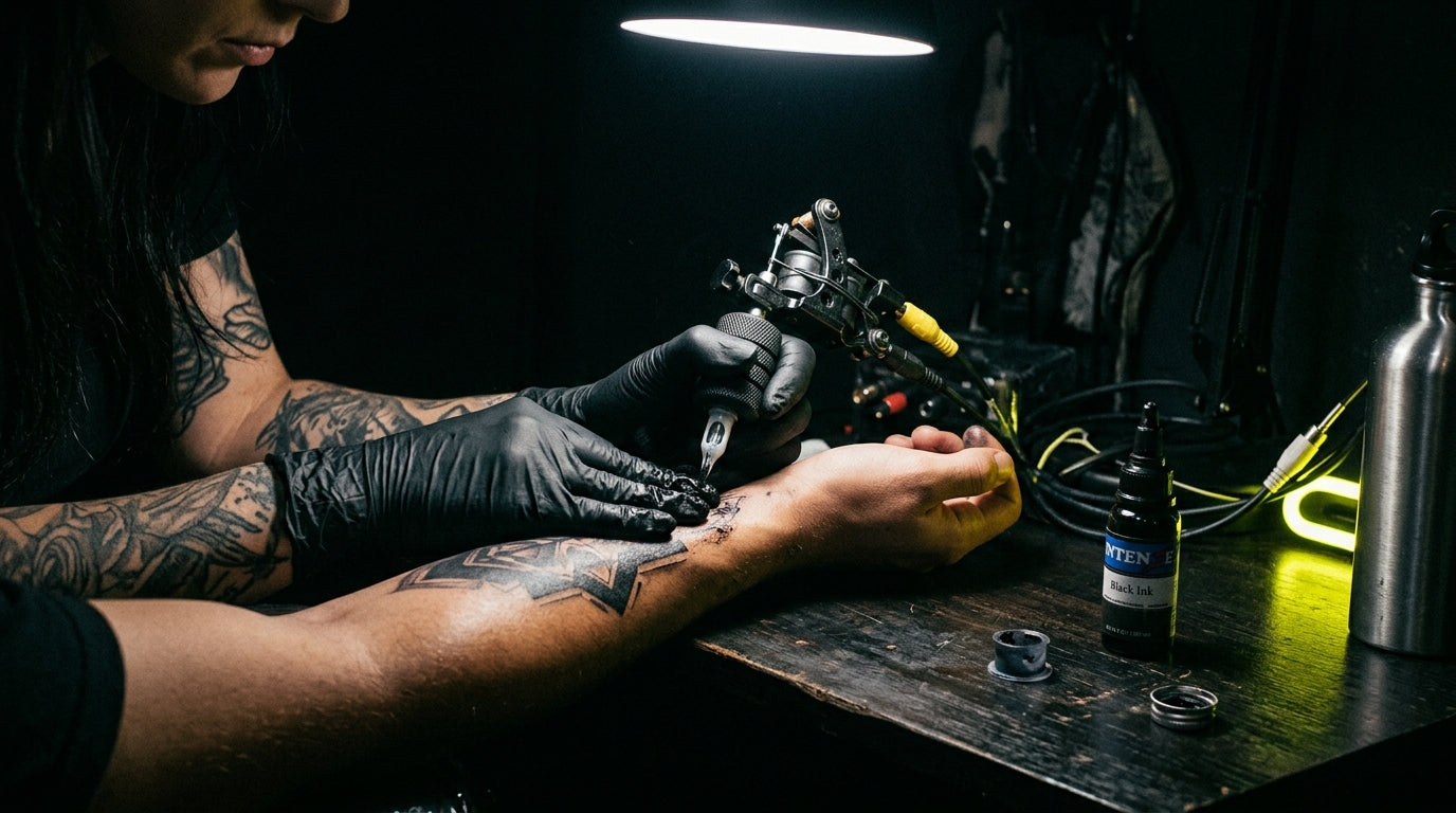 Tattoo artist preparing to ink a client in a professional studio