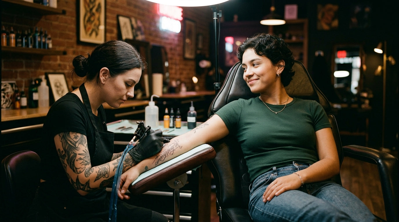 Relaxed confident person getting their first tattoo in a warm studio