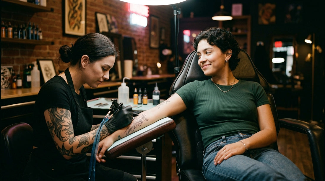 Relaxed confident person getting their first tattoo in a warm studio