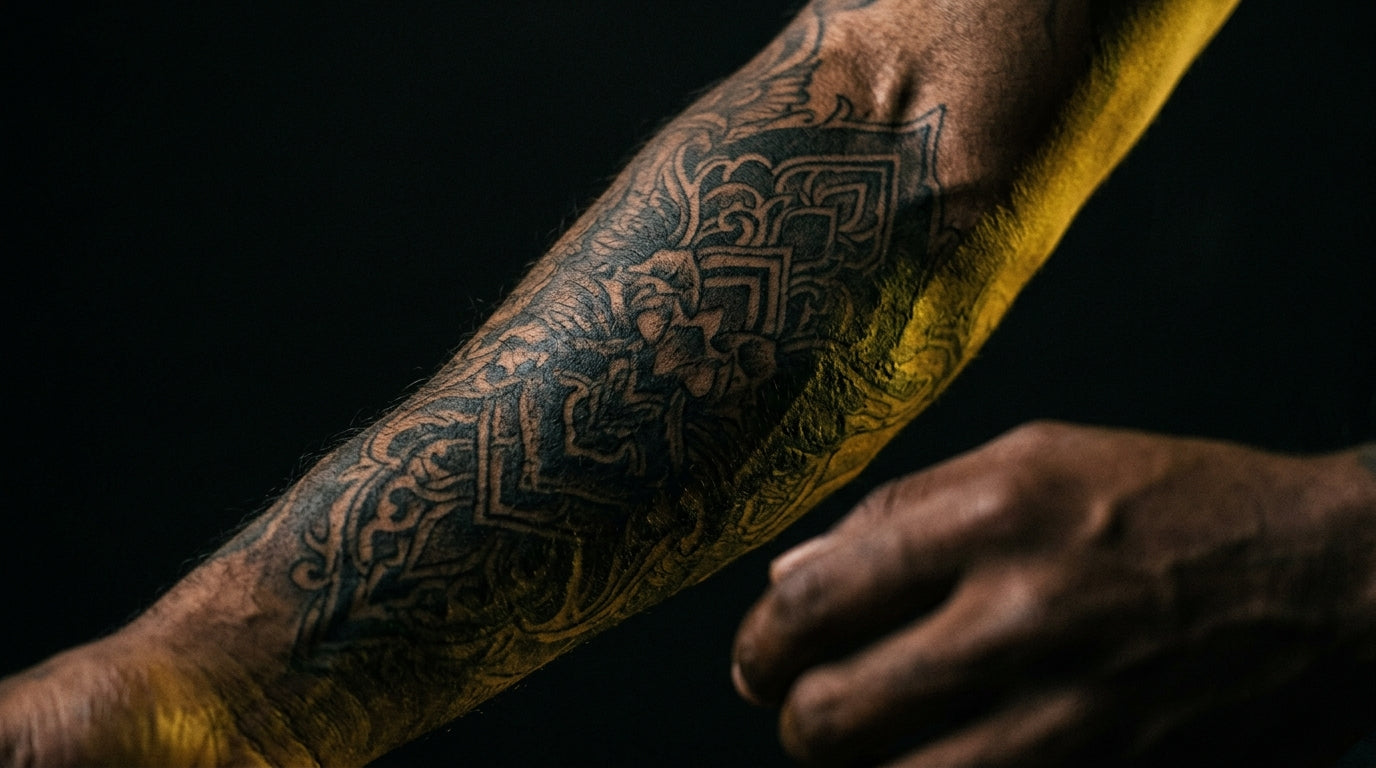 Close-up of tattooed skin showing texture detail — dark moody photography