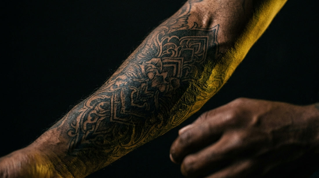Close-up of tattooed skin showing texture detail — dark moody photography