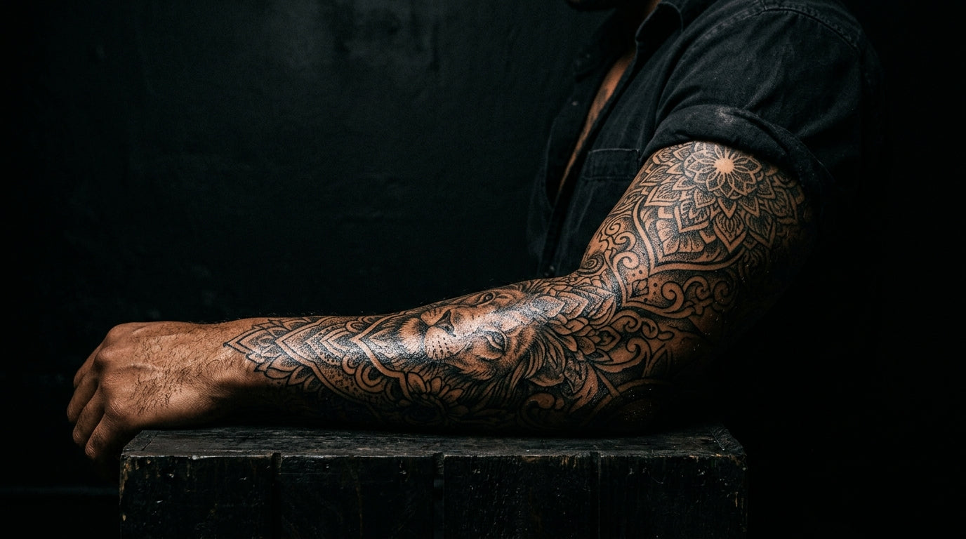 Tattooed arm against dark background representing body reclamation through ink