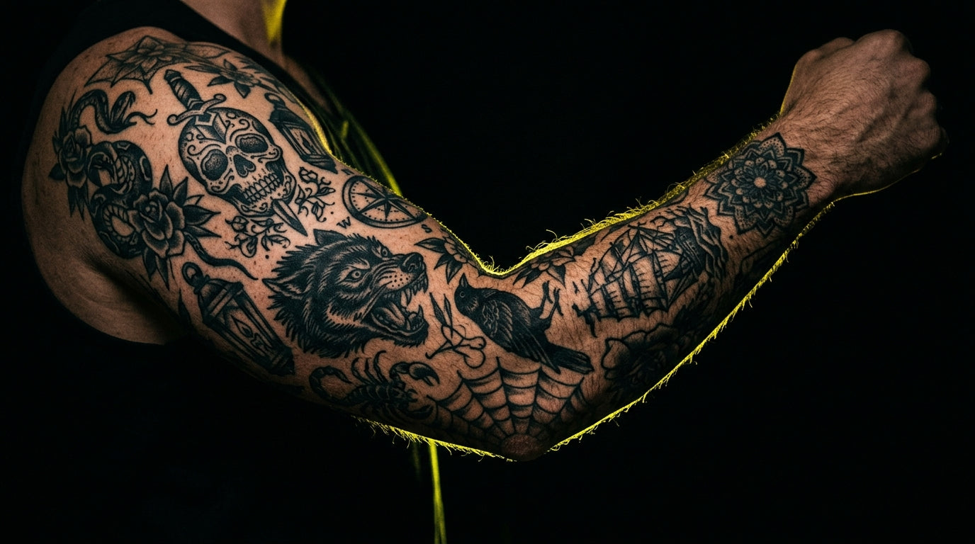Patchwork tattoo sleeve with various individual pieces against dark background