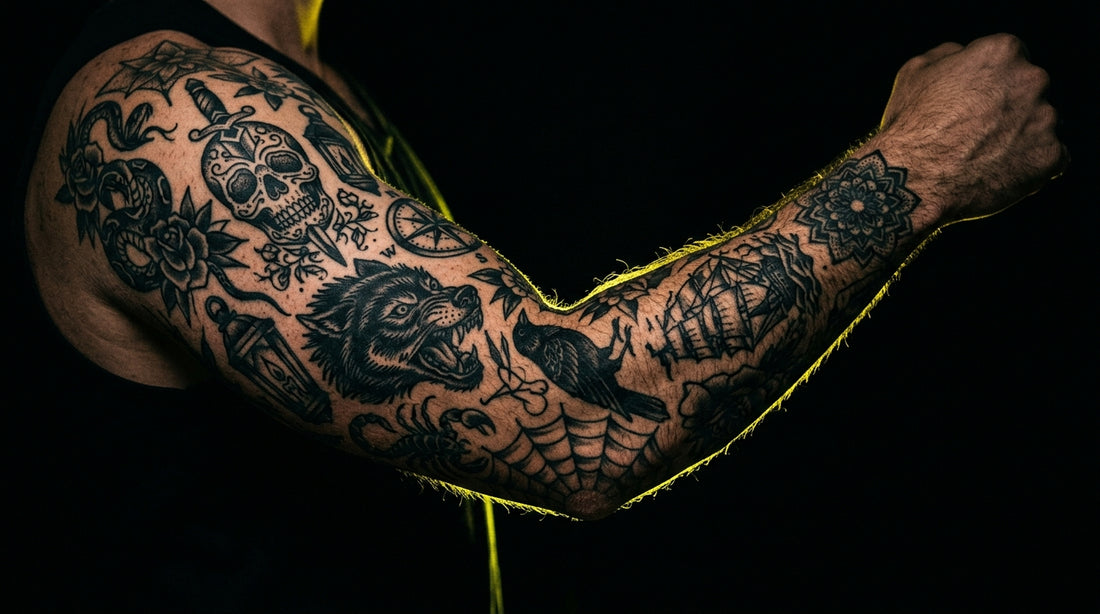 Patchwork tattoo sleeve with various individual pieces against dark background