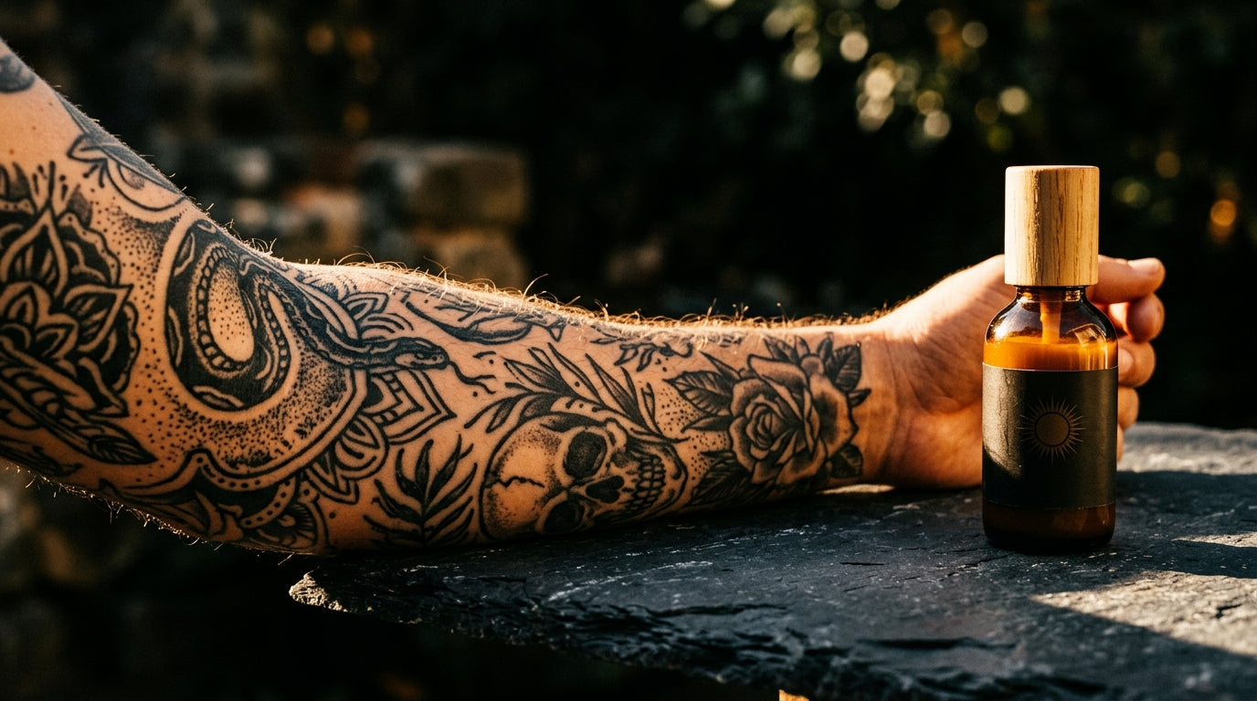 Tattooed forearm in sunlight beside SPF sunscreen bottle — dark moody photography
