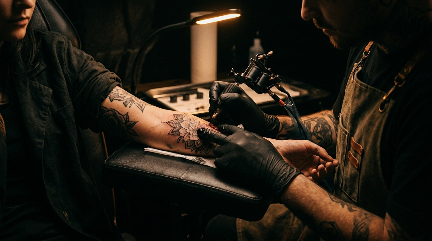Tattoo artist working in a professional studio — dark moody photography with amber lighting