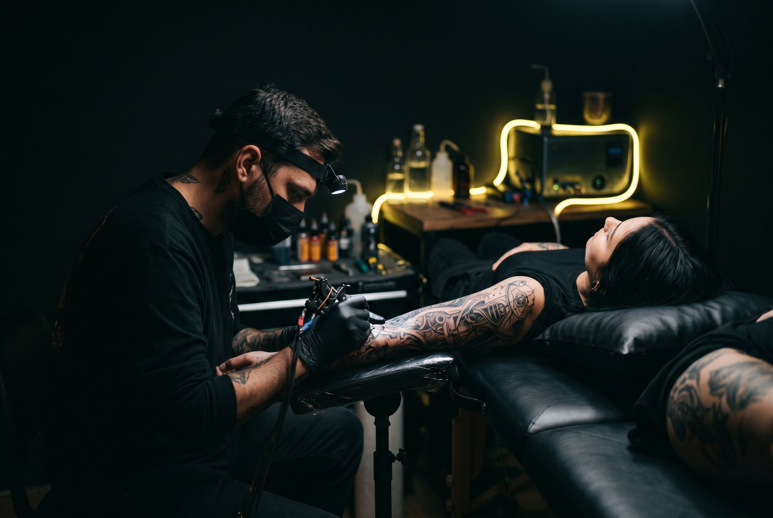 Tattoo artist working on a sleeve tattoo in a professional studio