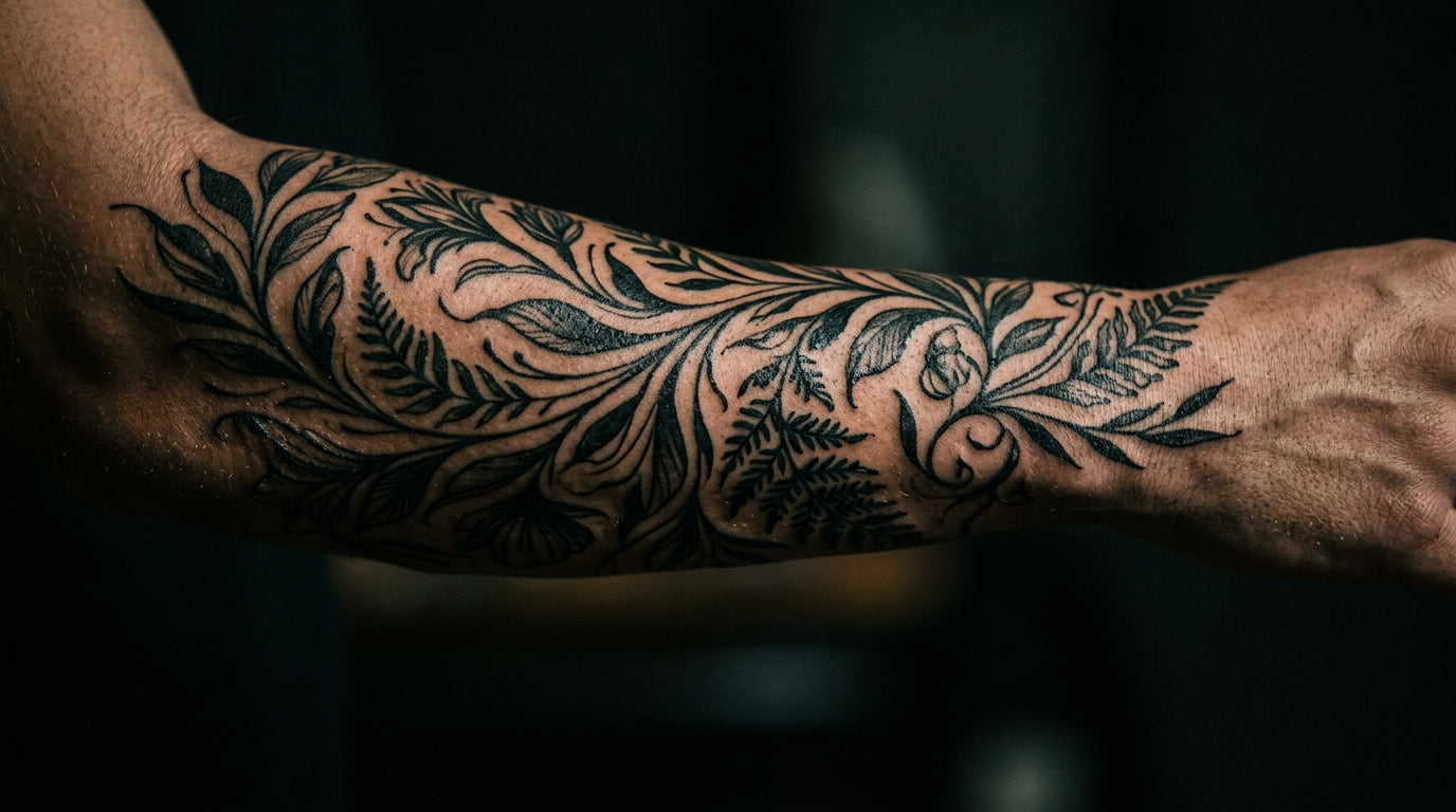 Close-up of tattooed skin with botanical design incorporating natural skin texture — dark moody photography