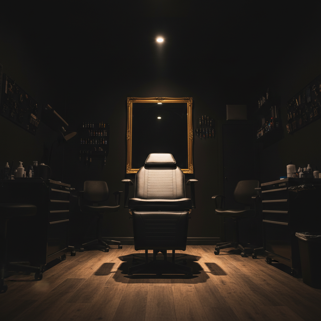 Dark moody tattoo studio with dramatic lighting — session timing guide by Tattoo Numbing Cream Co.
