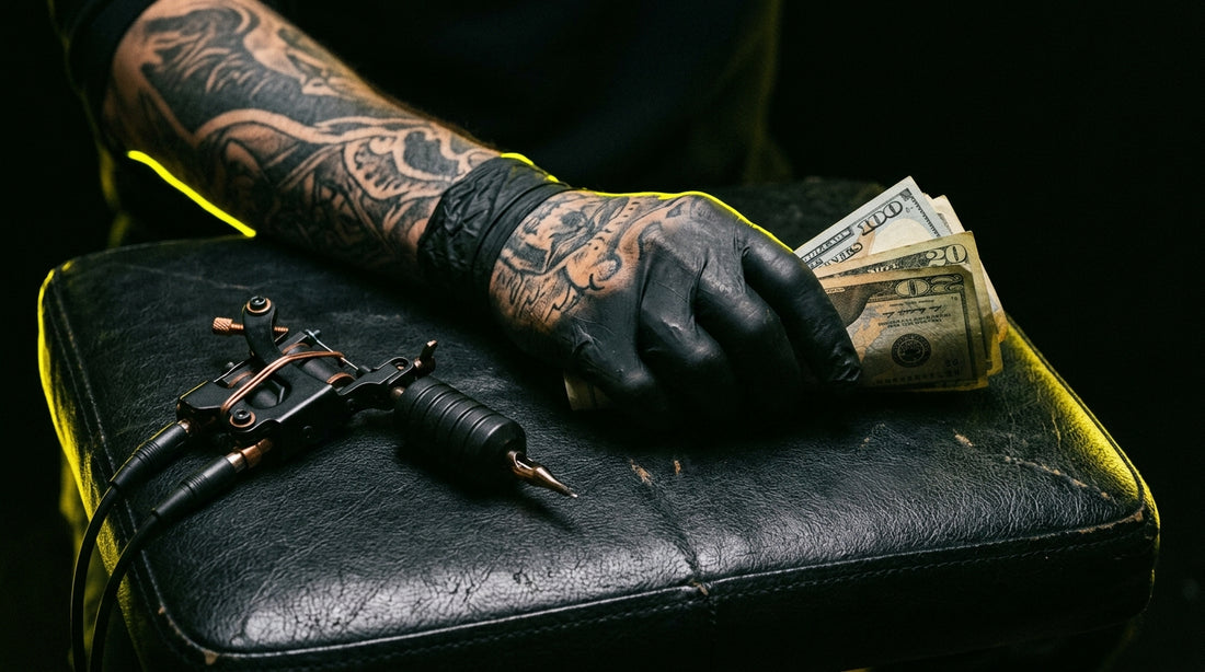 Tattooist's workspace with cash and tattoo machine — tattoo pricing guide by Tattoo Numbing Cream Co.