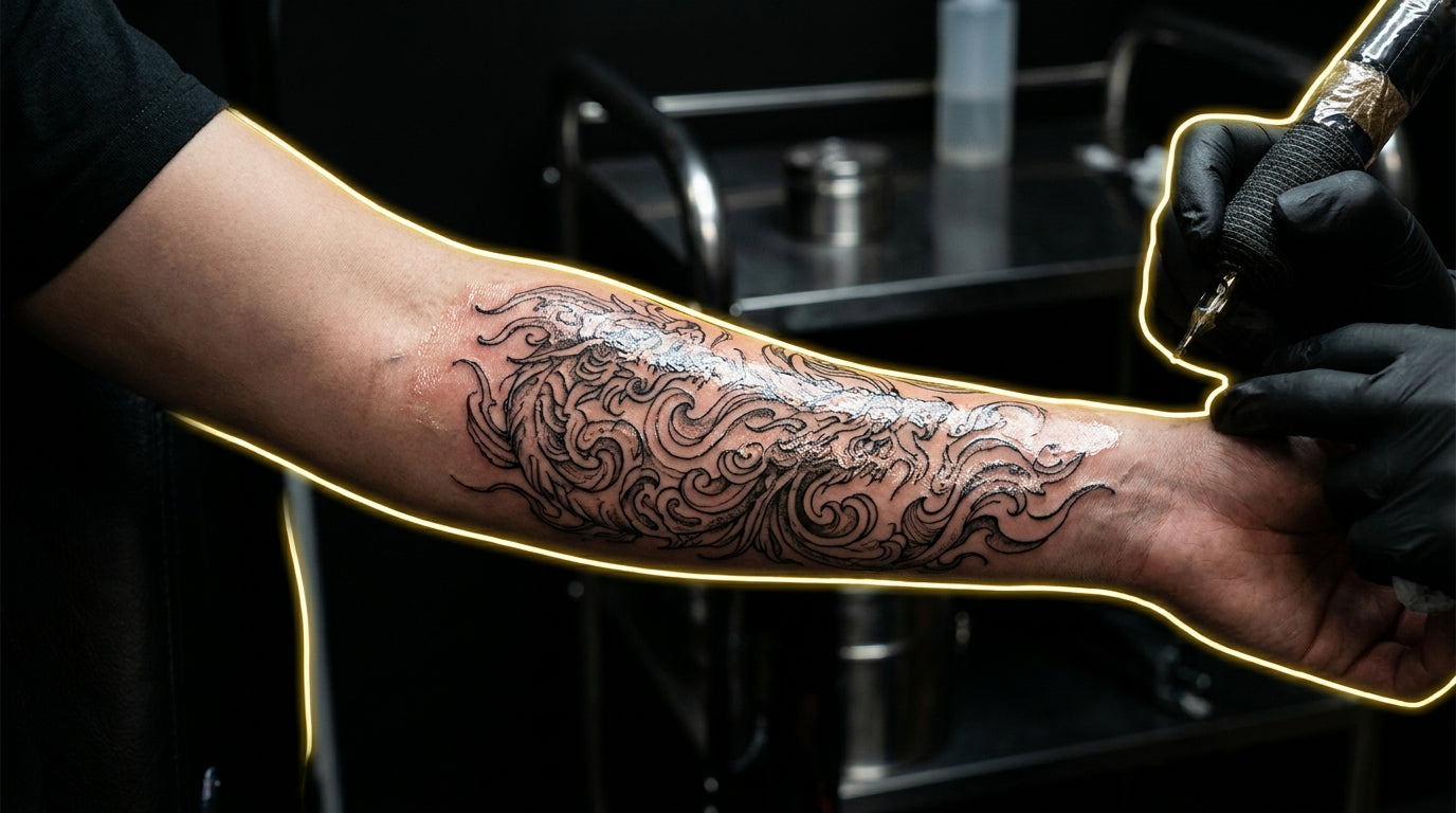 Close-up of a freshly tattooed forearm during the healing process