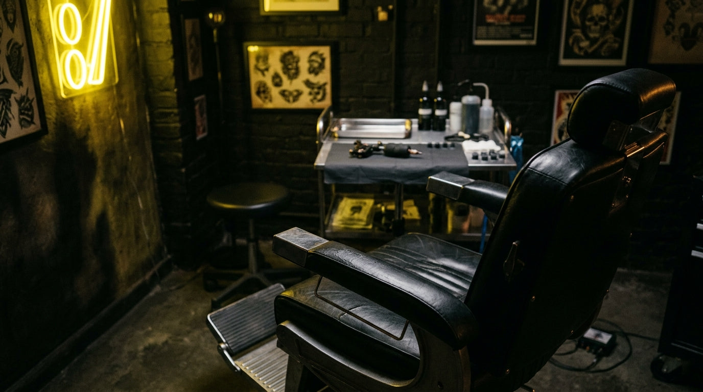 Tattoo studio chair with dramatic moody lighting — pre-session preparation guide by Tattoo Numbing Cream Co.